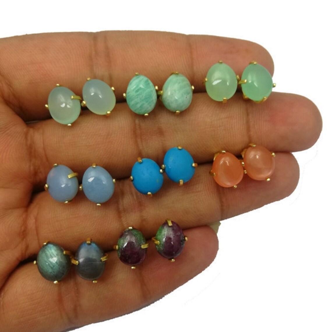 Semi Precious Gemstone Smooth Tumbled Prong Set Stud Earring Etsy