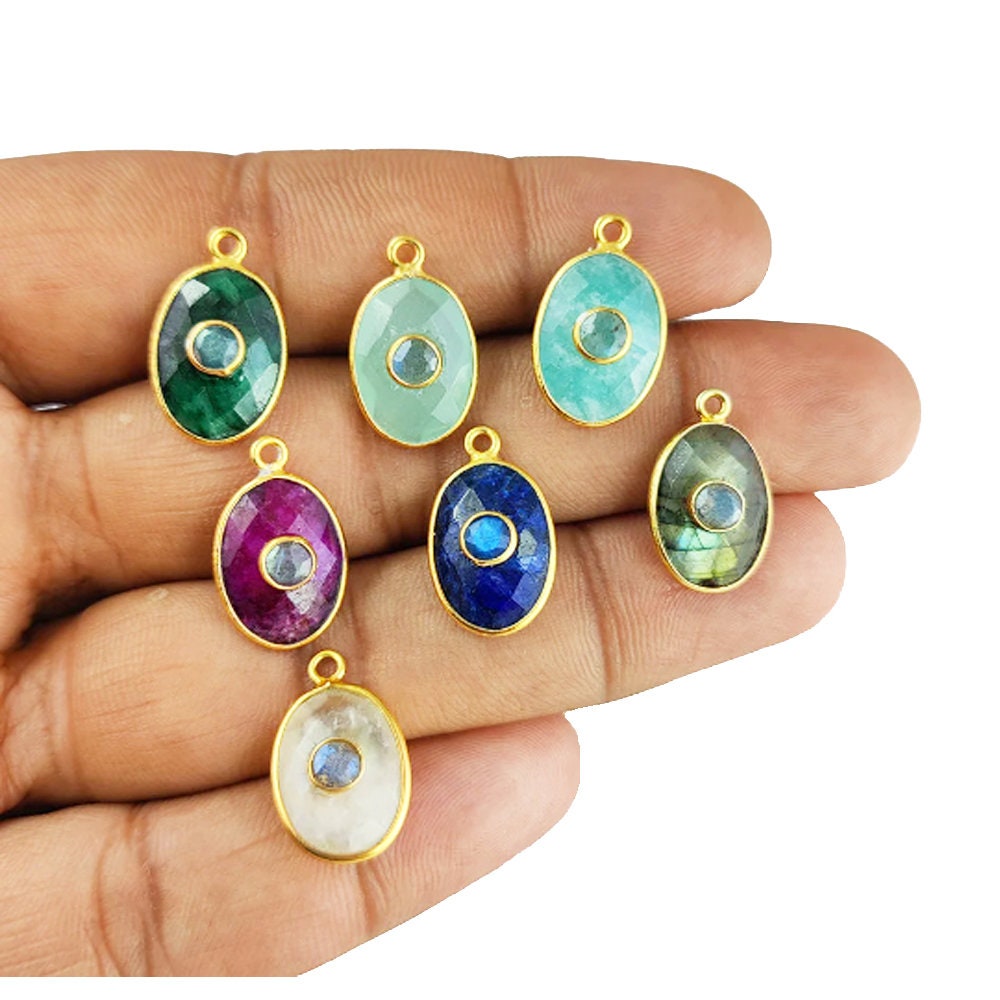 Double Gemstone Pendant, Two Stone Pendant 925 Sterling Silver Gold Vermeil Bezel Charm For Necklace And Earring Making