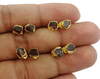 Tiny Stud Earring 5mm to 7mm Approx. Garnet Raw Gemstone Stud - January Birthstone Electroplated Stud Earring - Selling Per Pair