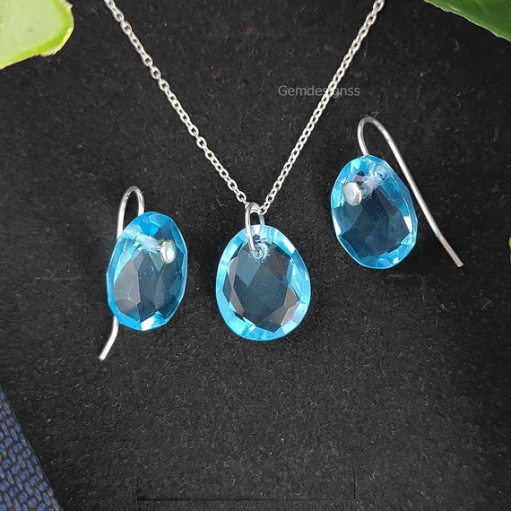 Blue Topaz Quartz Jewelry Set - Blue Quartz Egg Shape Jewelry Set - 925 Sterling Silver Wedding Jewelry - Gift for Women - Selling Per Set
