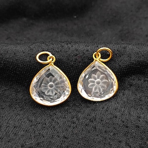 Faceted Clear Quartz Pendant-Flower Engraved Quartz Pendant-Gold Plated Heart Pendant