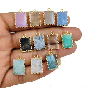 Gemstone Rectangle Slice Pendant - Electroplated 16x12mm Slice Pendant - Zig Zag Design Pendant - Selling Per Piece