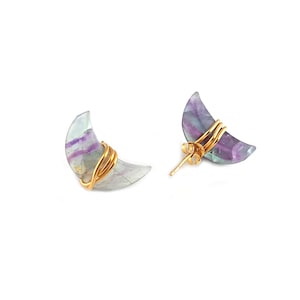 Halfedelsteen Halve Maan Crescent Earring - goudgeplooide, met draad omwikkelde studoorbel voor de liefde - perfect cadeau voor haar, verkoop per paar