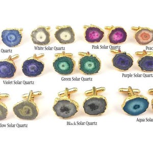 Solar Quartz Gemstone Cuff link - Gold Electroplated Cufflink - Solar Quartz Cuff link Set Jewelry - Selling By Pair
