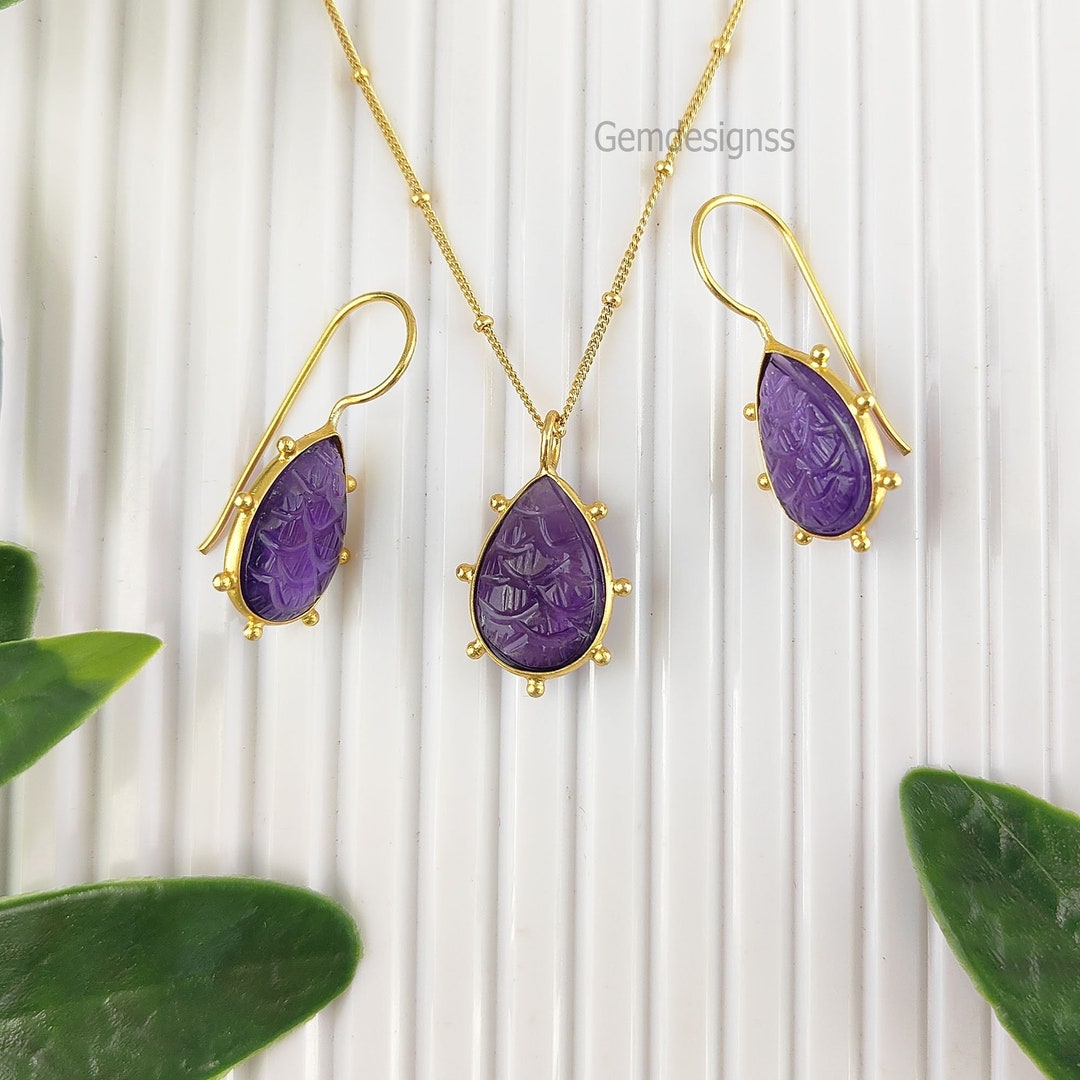 Rare Carved Amethyst Jewelry Set - February Birthstone Silver Necklace ...