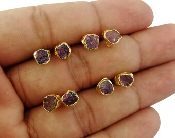 Ruby Raw Gemstone Tiny Stud Earring 5mm to 7mm Approx. - July Birthstone Electroplated Stud Earring - Selling Per Pair