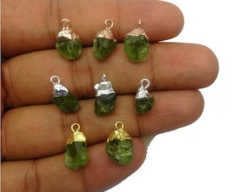 Peridot Green Rough Electroplated Birthstone Charm Pendant, August Birthstone Charms, Small Raw Gemstone Charms, Selling Per Piece