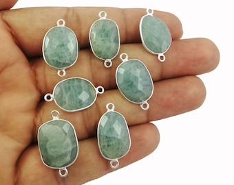 Aquamarine Gemstone Silver Plated Bezel Set Connectors - Free Form 13mm - 17mm Bezel Connector - 2 Loop Charms - Selling By Piece