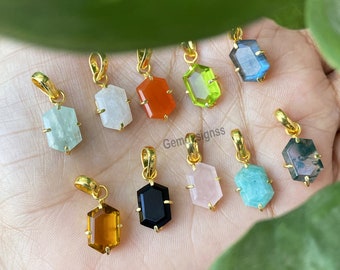 Semi Precious Hexagon Shape Pendant - Gold Vermeil Gemstone Pendant - Prong Setting Pendant - Women Fashion Pendant - Selling Per Piece