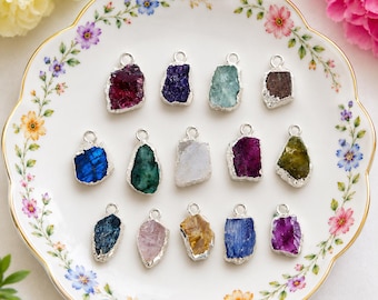 Raw Birthstone Silver Electroplated Edge Pendant, Birthstone Charms, 8-12mm Small Raw Gemstone Charms, Selling Per Piece