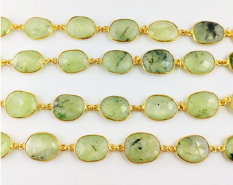 Prehnite Gemstone Bezel Chain, Gold Plated Uneven Shape Connector Chain For Making Necklace Or Other Jewelry Accessories, Selling Per Foot