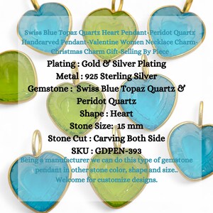 May include: Heart-shaped pendants featuring Swiss Blue Topaz Quartz and Peridot Quartz gemstones, with a gold-coloured frame. The pendants are 15 mm in size. The image text reads "Swiss Blue Topaz Quartz Heart Pendant".