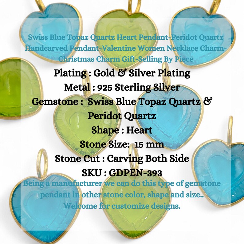 May include: Heart-shaped pendants featuring Swiss Blue Topaz Quartz and Peridot Quartz gemstones, with a gold-coloured frame. The pendants are 15 mm in size. The image text reads "Swiss Blue Topaz Quartz Heart Pendant".
