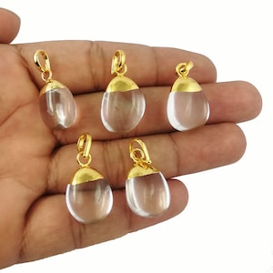 Clear Crystal Gemstone Smooth Tumble Pendant - Crystal April Birthstone Gold Electroplated Cap Charms Pendant - Selling Per Piece