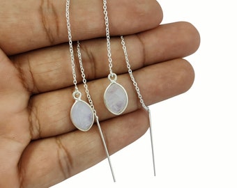 Rainbow Moonstone Gemstone Solid Silver Threader Earrings, Threader Earrings, Chain Earrings, Earrings Jewelry, Selling Per Pair