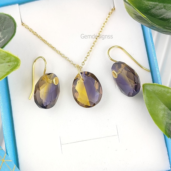 Ametrine Gemstone 925 Jewelry Set - Ametrine Necklace & Earrings Set - Gold Vermeil Ametrine Pendant - Women Wedding Gifts - Selling Per Set