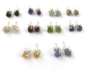 Tiny Raw Birthstone Stud Earring - Push Back Closure Studs For Her, 5-6mm Natural Raw Gemstone Prong Set Earring- Birthday Gift For Her