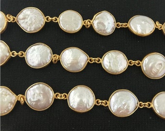 White Pearl Gold Plated Bezel Gemstone Connector Chain - Round Shape Gemstone Connector Chain - Selling Per Foot