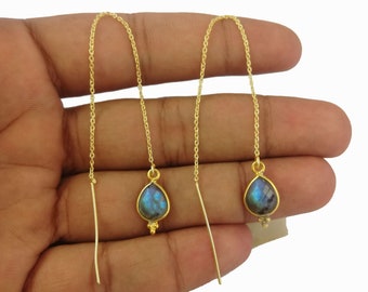 Blue Flash Labradorite Threader Earrings, Gold Vermeil Threader Earrings, Chain Earrings, Ear Threads, Earrings Jewelry - Selling Per Pair