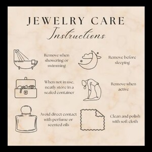 May include: A beige graphic with the text "JEWELRY CARE Instructions" and illustrations depicting jewelry care tips. Includes icons for showering, sleeping, activity, storage, perfume, and cleaning.
