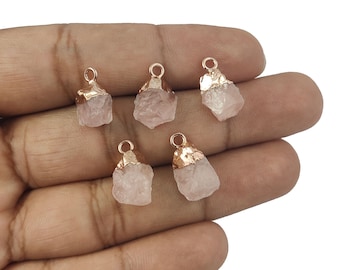 Raw Rose Quartz Pendant, Rose Gold Electroplated Charms Pendant, Making For Jewelry, Raw Earring Jewelry, Selling Per Piece