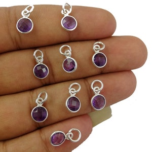 Amethyst Tiny Round Birthstone Charms Pendant, 6mm Round Sterling Silver Bezel Set Gemstone Pendant, Selling Per Piece