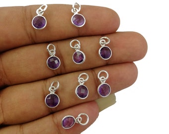 Amethyst Tiny Round Birthstone Charms Pendant, 6mm Round Sterling Silver Bezel Set Gemstone Pendant, Selling Per Piece