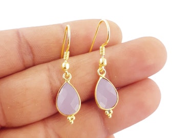 Pink Chalcedony Drop Earring - Gold Plated Gemstone Drop Earring - Gift For Sister and Wife - Selling Per Pair