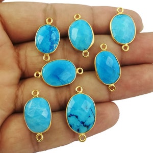 Turquoise Gemstone Gold Plated Bezel Set Connectors - Free Form 13mm - 15mm Bezel Connector - 2 Loop Charms - Selling By Piece