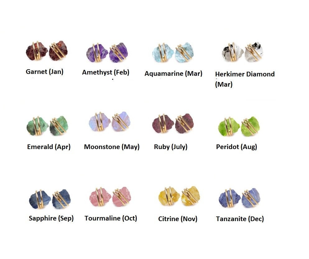 Raw Birthstone Wire Wrapped Stud Earrings - Natural Raw 8mm to 10mm Stone Stud - Birthstone Gold Vermail Stud - Selling Per Pair