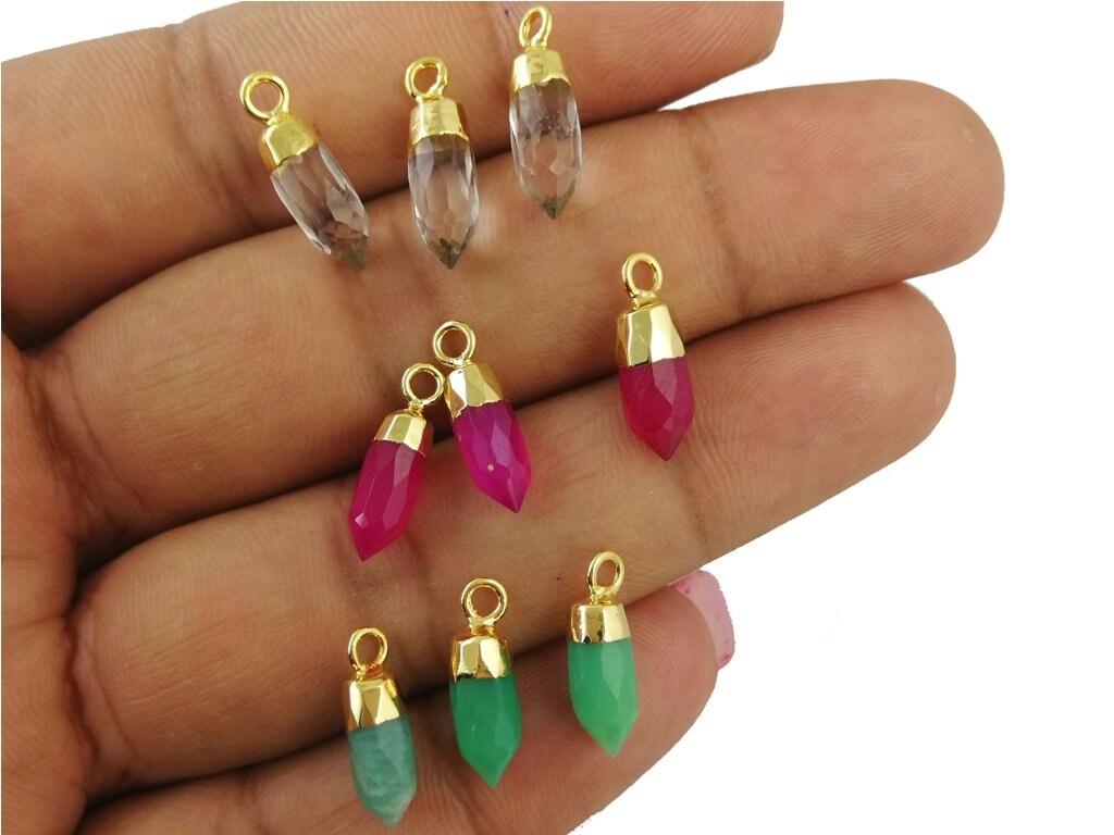 Micro Faceted Gemstone Little Spike Charms - Gold Cap Tiny Point Pendants - Selling Per Piece