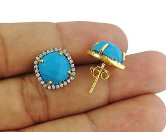Turquoise Pave CZ Set Gemstone Stud Earring - Cushion Shape Gold Vermeil Stone Earring