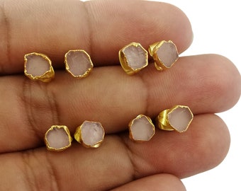 Rose Quartz Raw Gemstone Tiny Stud Earring 5mm to 7mm Approx. - October Birthstone Electroplated Stud Earring - Selling Per Pair