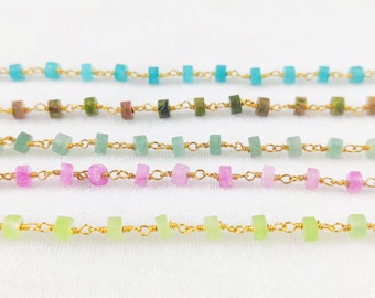 Gemstone Heishi Bead Rosary Chain - Gold Plated  Gemstone Wire Wrapped  2x4 mm Beaded Chain - Birthday Gift- Selling Per Foot