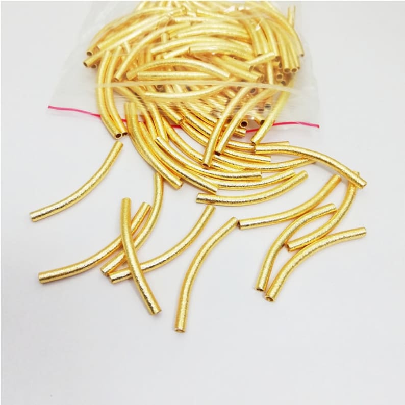 10 Piece Set of Brushed Gold Plated Curved Tube Bead Handmade Jewelry Making Component Measuring 3mm x 40mm
