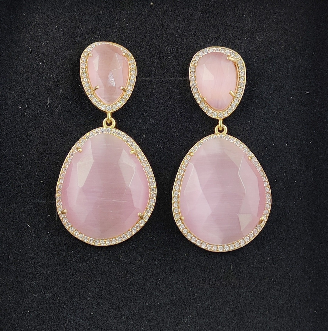 【threetimes】Pink coin earrings Pink Monalisa Prong CZ Gemstone Earrings, Dangling Earrings