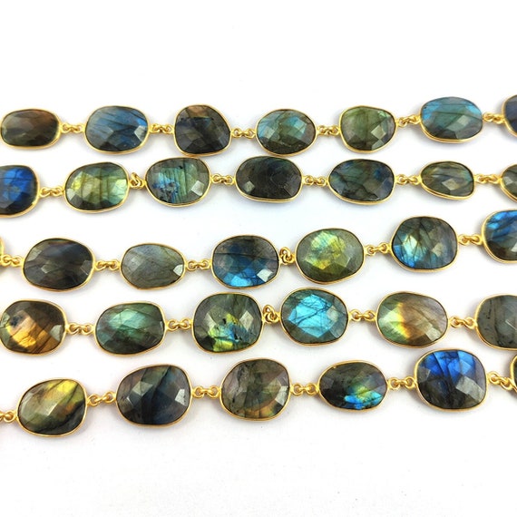 Labradorite Bezel Connector Chain - Freeform Size Faceted Gemstone Connector Chain - Necklace and Bracelet Chains - Selling Per Foot