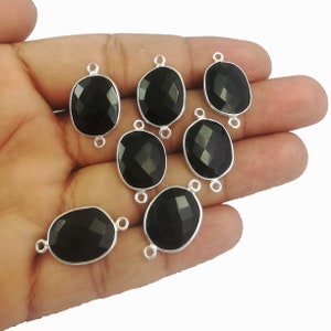 Black Onyx Gemstone Silver Plated Bezel Set Connectors - Free Form 13mm - 16mm Bezel Connector - 2 Loop Charms - Selling By Piece