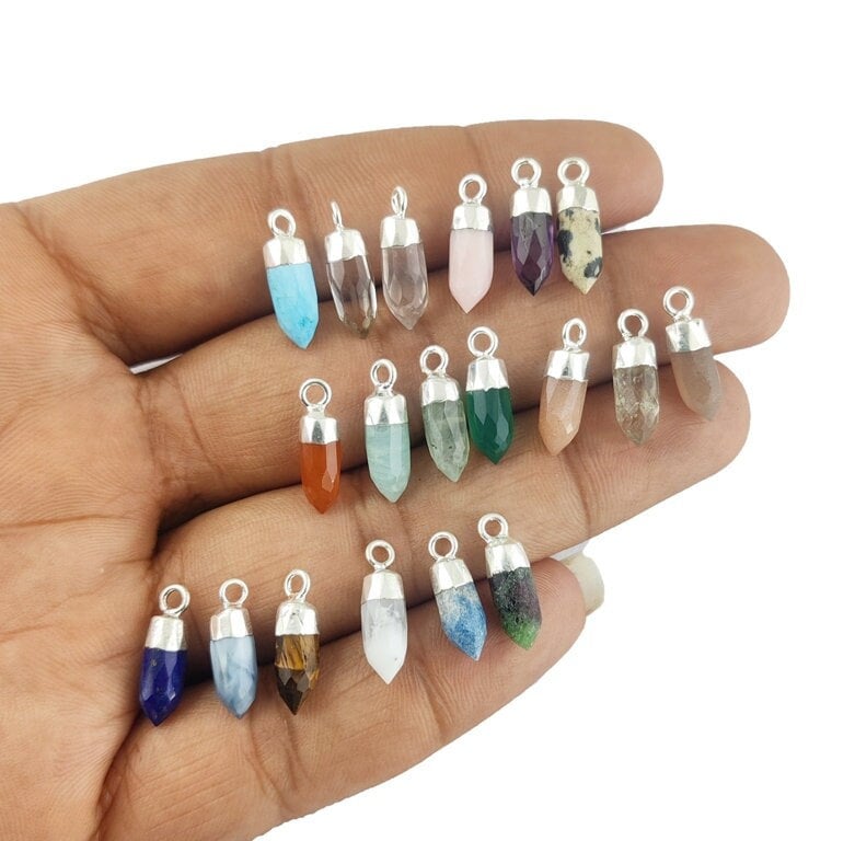Silver Cap Semi Precious Gemstone Little Spike Charms Pendant - Gemstone Tiny Point Pendants For Earring and Necklace - Selling Per Piece