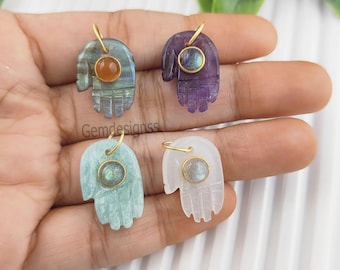 Gemstone Hamsa Hand Pendant - Gold Vermeil Handcarved Charm - Healing Stone Spiritual Pendant - Meaningful Jewelry Gift - Selling Per Piece