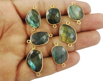 Labradorite Gemstone Bezel Set Connectors - Gold & Silver Plated Free Form 13mm - 17mm Bezel  2 Loop Connector Charms - Selling Per Piece