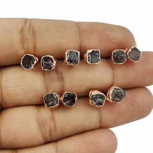 Garnet Raw Gemstone Tiny Stud Earring - Rose Gold Electroplated Stud - January Birthstone Stud Earring