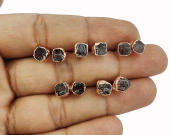 Garnet Raw Gemstone Tiny Stud Earring - Rose Gold Electroplated Stud - January Birthstone Stud Earring
