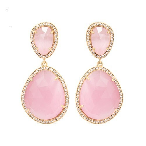 【threetimes】Pink coin earrings Children's Pink Cubic Zirconia Stud Earrings 14K Yellow Gold