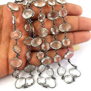 Clear Crystal Oxidised Bezel Connector Chain - Crystal Oval Faceted Crystal Gemstone Chain - Selling By Foot