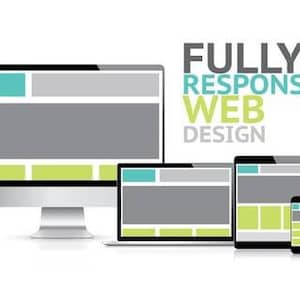 May include: Illustration of a website design concept showing how a website looks on different devices, including a desktop computer, laptop, tablet, and smartphone. The text "FULLY RESPONSIVE WEB DESIGN" is displayed above the devices.