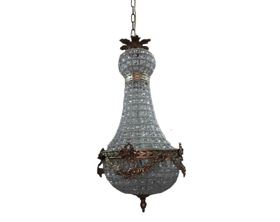 French Empire Crystal Chandelier Ornate Light Fixture Basket Ceiling Antique Replica + Chain + Canopy