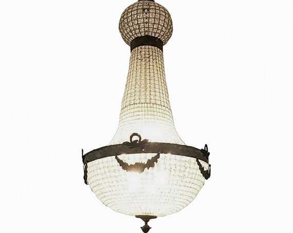 Crystal Louis XV Style French Empire Basket Brass Ceiling Garland Bowl Chandelier Antique Replica