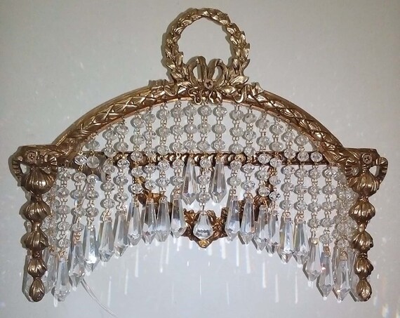 Pair French Empire Crystal Beads Wall Lamp Sconces Ornate Appliques