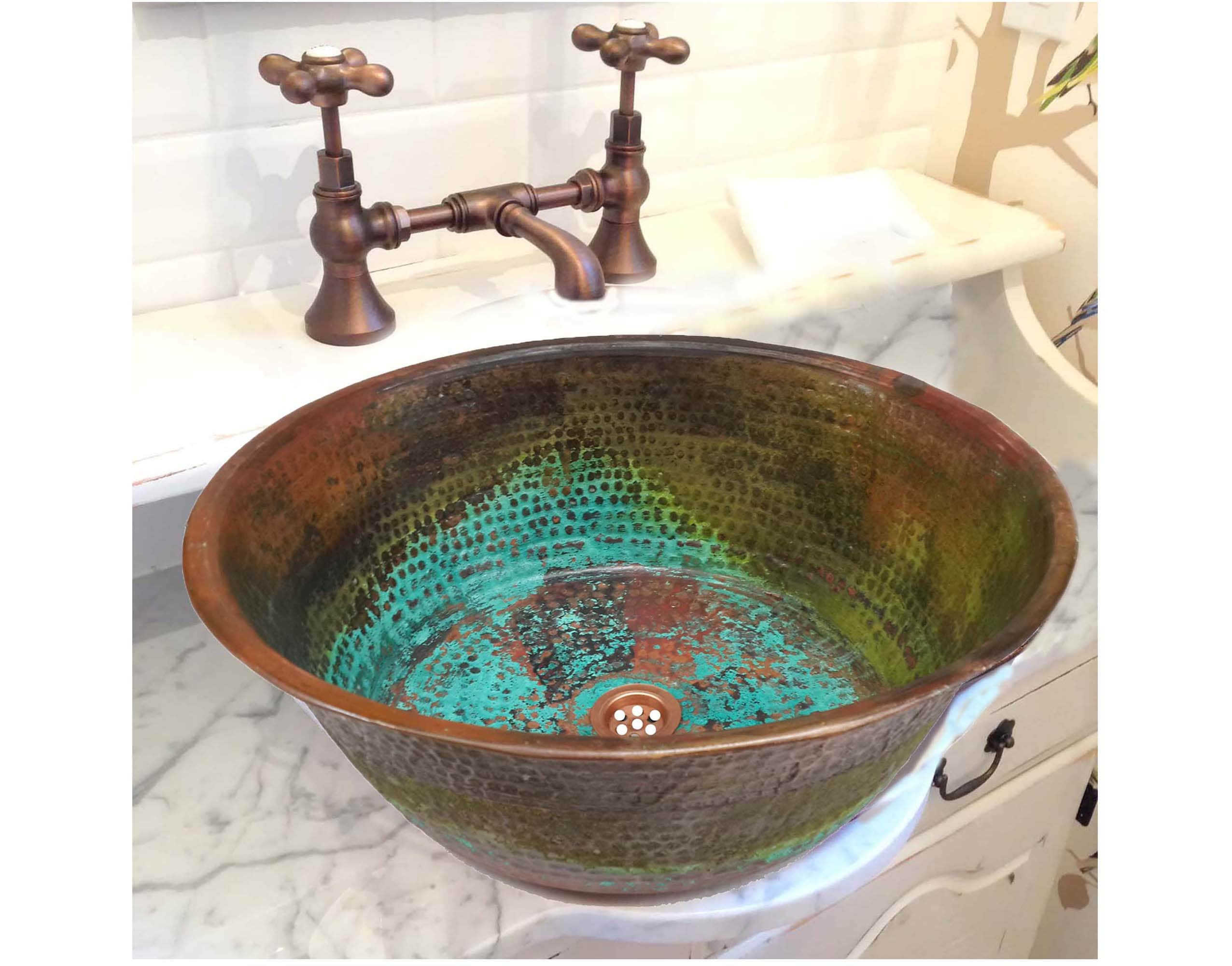 Green Patina Rustic Antique Copper Bathroom Sink Fountain Farm